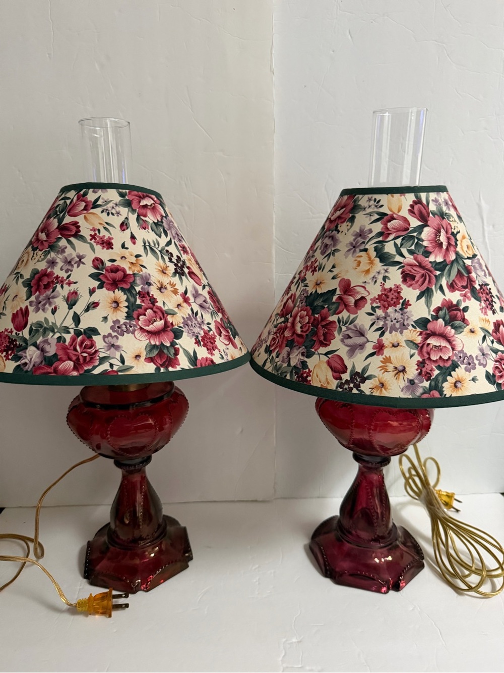 Pair Table Lamps Cranberry Glass with Floral Shades